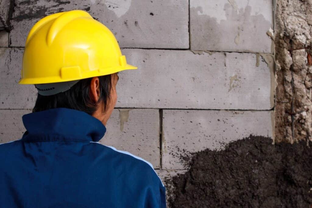 Contractor inspecting basement walls for interior waterproofing