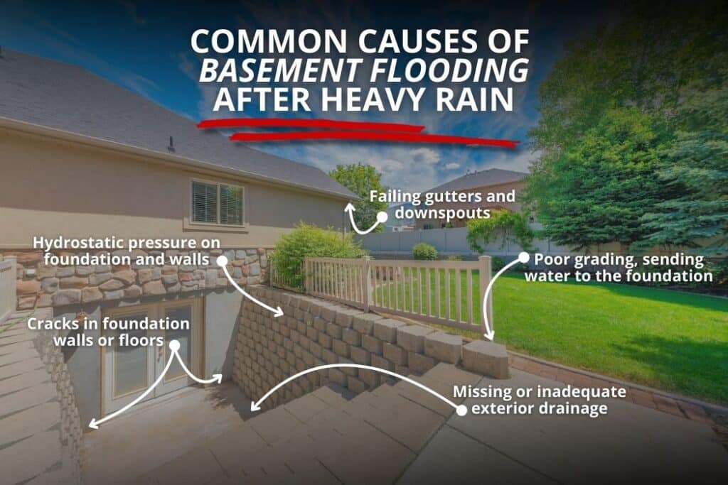 common causes of water leaking into basement after heavy rain 
