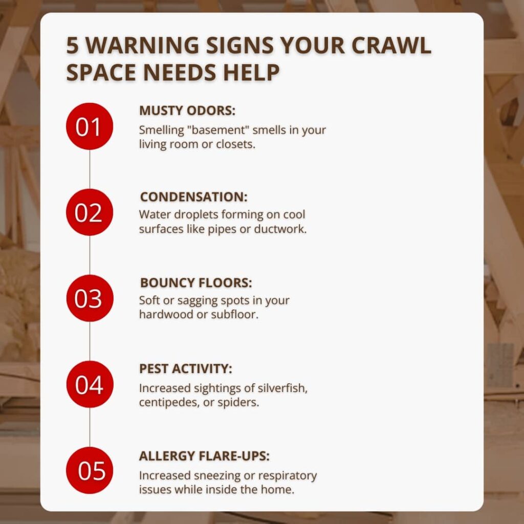 An infographic titled "5 Warning Signs Your Crawl Space Needs Help" listing common issues like musty odors, condensation, bouncy floors, pest activity, and allergy flare-ups.