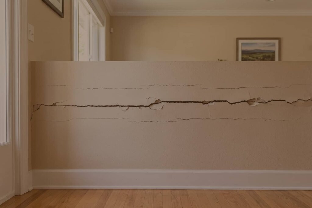 A photograph captures a severe and extensive horizontal crack with jagged, fragmented edges running the length of a painted interior residential half-wall.
