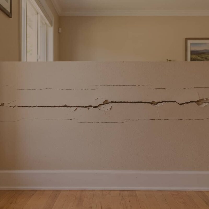 A photograph captures a severe and extensive horizontal crack with jagged, fragmented edges running the length of a painted interior residential half-wall.