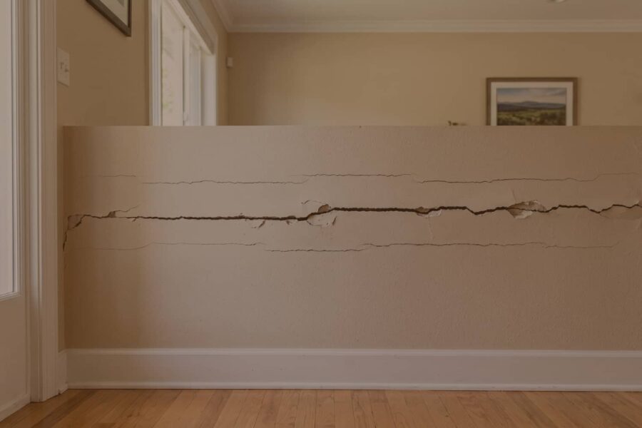 A photograph captures a severe and extensive horizontal crack with jagged, fragmented edges running the length of a painted interior residential half-wall.