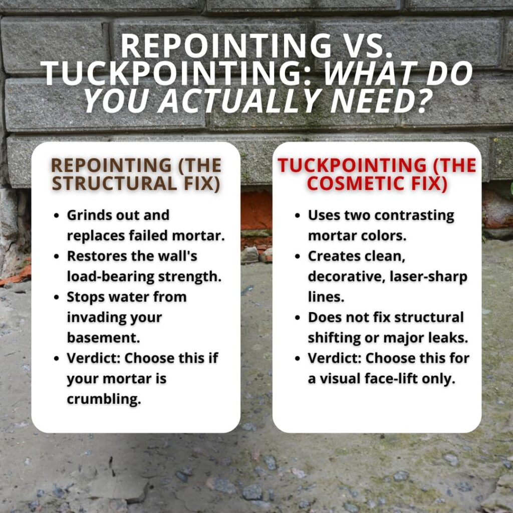 A side-by-side comparison infographic titled "Repointing vs. Tuckpointing: What Do You Actually Need?" that details the key differences between repointing as a structural fix and tuckpointing as a cosmetic fix.