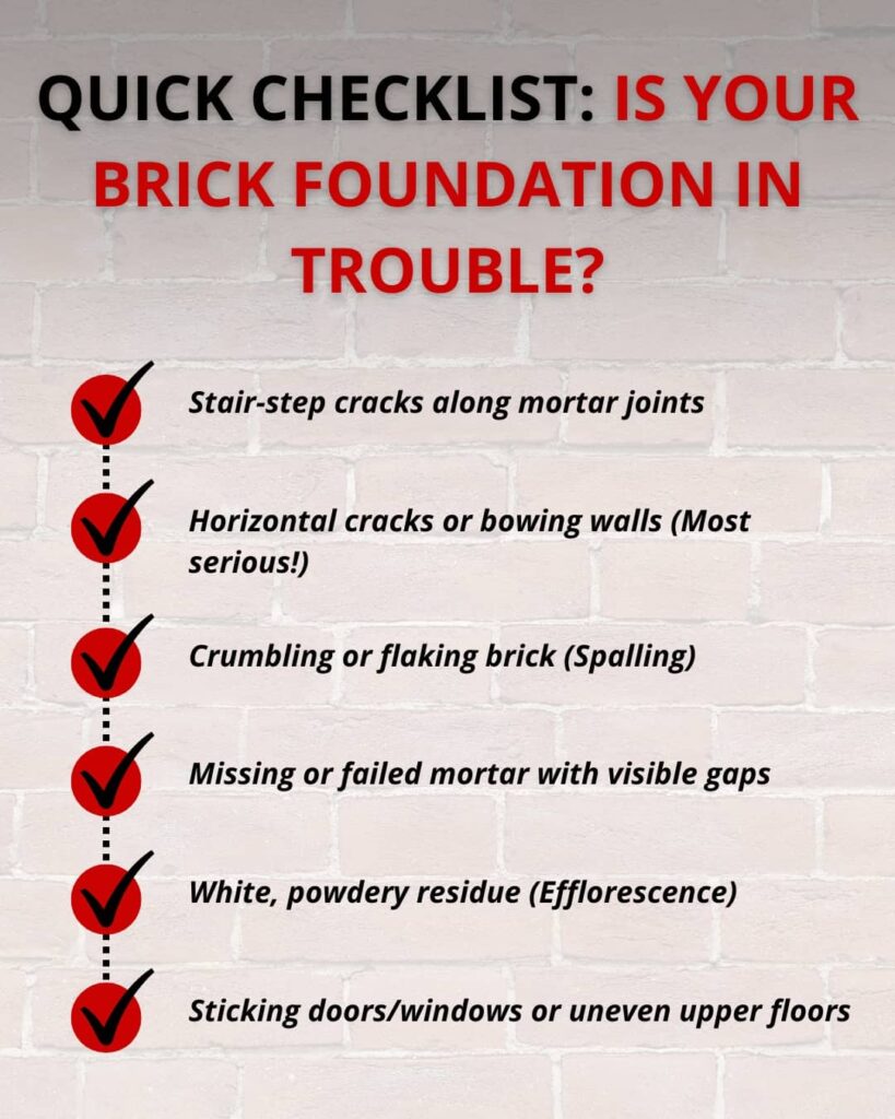 An infographic checklist titled "Quick Checklist: Is Your Brick Foundation in Trouble?" set against a light brick background, listing six major warning signs of foundation damage.