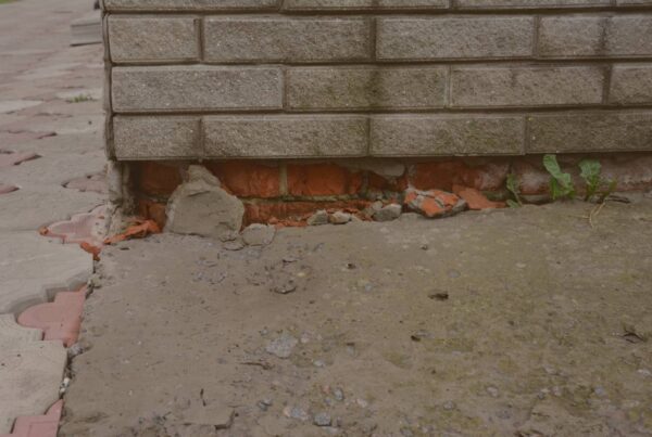 A close-up view of a building's corner showing a severely damaged foundation with crumbling red bricks and broken masonry debris beneath a wall of grey blocks.