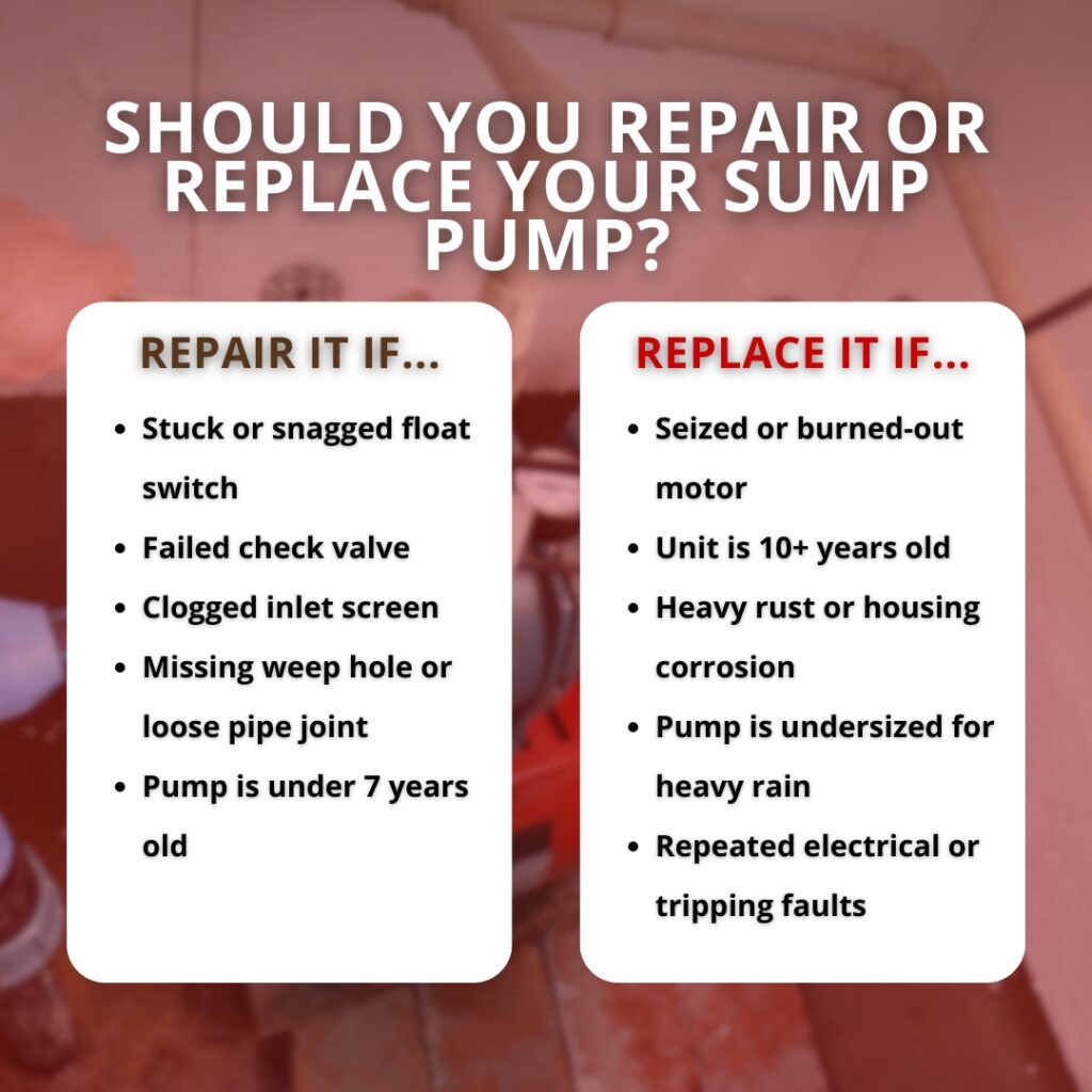 An infographic titled "Should You Repair or Replace Your Sump Pump?" presenting a side-by-side comparison of reasons to repair versus replace a sump pump.
