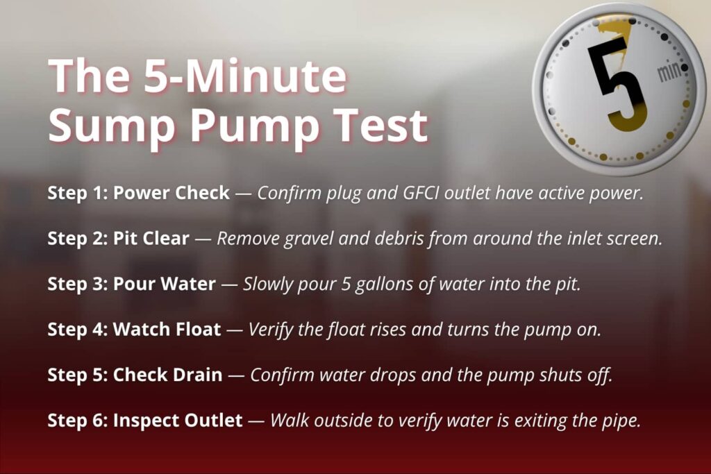 An infographic titled "The 5-Minute Sump Pump Test" outlining a six-step checklist to check power, clear debris, test drainage, and inspect the exterior discharge line.