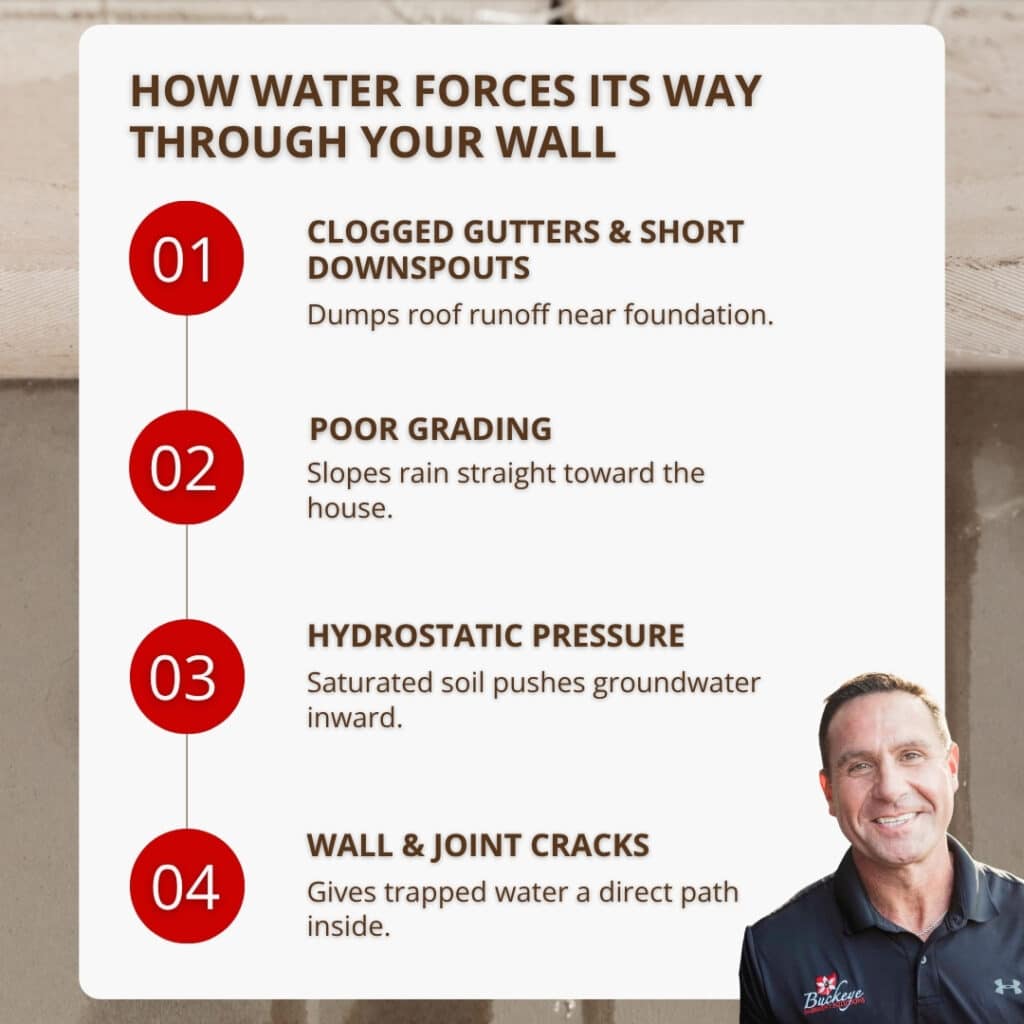 Infographic titled "How Water Forces Its Way Through Your Wall" outlining four primary causes of basement seepage: clogged gutters, poor grading, hydrostatic pressure, and wall cracks.