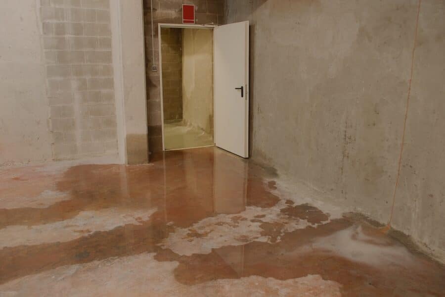 Standing water pooling on a stained concrete basement floor near the base of an unfinished masonry wall and open doorway.